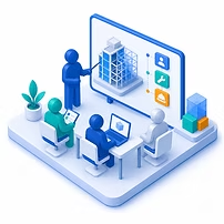 Ilustração de equipe em capacitação diante de modelo digital de construção