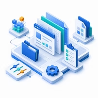 Ilustração de plataforma digital com documentos, pastas e configurações integradas